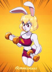  1girl alternate_costume animal_ears artist_name bare_shoulders blonde_hair breasts carrot_(one_piece) dumbbell fang furry large_breasts looking_down mike_luckas one_piece open_mouth orange_background red_eyes shorts sportswear sweat teeth upper_teeth_only white_fur 