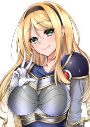 1girl armor blonde_hair blush bodysuit boobplate breastplate breasts gloves green_eyes hairband head_tilt highres large_breasts league_of_legends long_hair looking_at_viewer lux_(league_of_legends) simple_background smile solo tenma_haruka upper_body w white_background white_gloves  rating:Sensitive score:21 user:danbooru