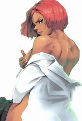  1girl blue_eyes breasts covering_breasts covering_privates dark-skinned_female dark_skin female_focus giovanna_(guilty_gear) guilty_gear guilty_gear_strive large_breasts lips looking_at_viewer looking_back miss_faves red_hair short_hair solo undressing 