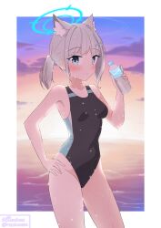  1girl absurdres animal_ear_fluff animal_ears black_one-piece_swimsuit blue_archive blue_eyes bottle breasts cloud competition_swimsuit contrapposto covered_navel cross_hair_ornament extra_ears gradient_hair grey_hair hair_ornament halo hand_on_own_hip highres holding horizon low_ponytail medium_hair mismatched_pupils multicolored_clothes multicolored_hair multicolored_swimsuit ocean official_alternate_costume one-piece_swimsuit reniacccc shiroko_(blue_archive) shiroko_(swimsuit)_(blue_archive) small_breasts solo sunset swimsuit wolf_ears 