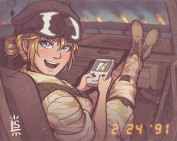 1991 1girl artist_name black_hat blonde_hair blue_eyes boots breasts brown_footwear camouflage desert_camouflage faux_photograph feet_up fire from_behind game_boy game_boy_(original) goggles goggles_on_headwear gulf_war gun handheld_game_console hat highres holding holding_handheld_game_console large_breasts localspaghetto looking_at_viewer looking_back military military_uniform open_mouth original playing_games sitting sleeves_rolled_up smile soldier solo sterling_smg submachine_gun teeth tetris timestamp turning_head uniform vehicle_interior weapon 