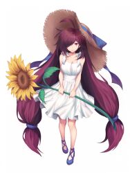  1girl absurdly_long_hair ahoge blue_footwear blue_ribbon collarbone cross-laced_footwear dress expressionless final_gear flower hair_over_one_eye hat hat_ribbon holding holding_flower long_hair looking_at_viewer low-tied_long_hair low_ponytail official_art pn99_(final_gear) purple_hair red_eyes ribbon simple_background sleeveless solo standing sun_hat sundress sunflower tachi-e third-party_source tied_dress transparent_background very_long_hair white_dress yellow_flower  rating:General score:1 user:danbooru