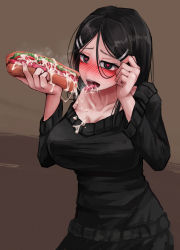 1girl black_eyes black_hair blush breasts brown_background cleavage cum cum_in_mouth cum_on_body cum_on_breasts cum_on_clothes cum_on_food cum_on_upper_body cum_string drooling gokkun hair_between_eyes hair_ornament tucking_hair hairclip heart heart-shaped_pupils highres large_breasts lettuce long_hair looking_at_viewer oofusa_shizuko original ray-k saliva saliva_trail shoulder_slip steam submarine_sandwich suggestive_fluid symbol-shaped_pupils tongue tongue_out rating:Explicit score:81 user:danbooru