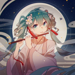 1girl bird blue_eyes blue_hair chinese_commentary chuushuu_meigetsu_miku commentary_request flute hanamoto410 hands_up hatsune_miku highres instrument japanese_clothes kimono long_hair looking_at_viewer moon music parted_lips pink_kimono playing_instrument sky smoke solo star_(sky) starry_sky twintails upper_body vocaloid