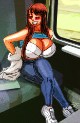  1girl asian blush bra breasts brown_eyes brown_hair bursting_breasts cleavage clothes_lift denim highres huge_breasts jeans large_breasts long_hair pants shirt_lift shoes sneakers solo tanaka_hitomi train underwear undressing xxxhibiki  rating:Questionable score:24 user:KillaKam