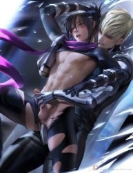 2boys abs absurdres anal black_hair blonde_hair clothed_sex clothes cyborg erection genos handjob highres male_focus male_penetrated multiple_boys one-punch_man onsoku_no_sonic penis reach-around sakimichan scarf sex testicles torn_clothes uncensored yaoi rating:Explicit score:127 user:harucho
