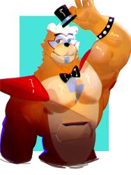  1boy animal_ears bara bear_boy bear_ears biceps black_bow blush bow bowtie bracelet brown_hair cropped_torso cyborg eli_(elibahh) five_nights_at_freddy&#039;s five_nights_at_freddy&#039;s:_security_breach freddy_fazbear furry furry_male glamrock_freddy half-closed_eyes hat hat_tip highres jewelry large_pectorals looking_to_the_side male_focus mini_hat muscular muscular_male pectorals robot short_hair shy smile solo spikes thick_arms top_hat 