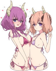  2girls @_@ asymmetrical_docking aura_(sousou_no_frieren) bikini black_ribbon blue_eyes blush braid breast_press breasts cleavage demon_girl demon_horns embarrassed hair_between_eyes hair_ribbon hand_on_another&#039;s_waist heart highres horns large_breasts linie_(sousou_no_frieren) long_hair looking_at_viewer mel_(melty_pot) multiple_braids multiple_girls navel open_mouth purple_bikini purple_eyes purple_hair red_bikini ribbon side-tie_bikini_bottom sideboob simple_background small_breasts sousou_no_frieren stomach string_bikini swimsuit tears thighs twin_braids twintails v white_background  rating:Sensitive score:107 user:PuttHutt