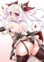  1girl akahito_(kemoyuru) ass azur_lane bare_shoulders black_panties bow chain fang flat_chest garter_straps gluteal_fold hair_bow hair_ornament heart light_purple_hair loli long_hair looking_at_viewer open_mouth panties red_eyes skindentation solo thighhighs tongue tongue_out twintails underwear vampire_(azur_lane) 