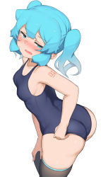 1girl abmayo absurdres alternate_costume arm_tattoo ass bare_arms bare_shoulders black_thighhighs blue_one-piece_swimsuit blush breasts collarbone commentary_request green_hair grey_background hatsune_miku highres long_hair looking_at_viewer medium_breasts one-piece_swimsuit open_mouth school_swimsuit simple_background solo swimsuit tattoo thighhighs twintails very_long_hair vocaloid rating:Sensitive score:132 user:danbooru