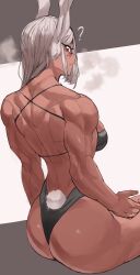  1girl ? animal_ears ass back bare_shoulders black_one-piece_swimsuit boku_no_hero_academia breasts breath clothing_cutout criss-cross_back-straps dark-skinned_female dark_skin from_behind highleg highleg_swimsuit highres large_breasts long_eyelashes long_hair looking_at_viewer median_furrow mirko muscular muscular_female one-piece_swimsuit parted_lips rabbit_ears rabbit_girl rabbit_tail red_eyes sitting solo soolee040995 swimsuit tail tail_through_clothes thick_thighs thighs white_hair  rating:Sensitive score:48 user:danbooru