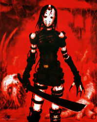  1girl belt blame! blood creepy guro highres hockey_mask horror_(theme) mask nihei_tsutomu red_background red_theme sinister skull solo sword weapon  rating:Questionable score:24 user:danbooru