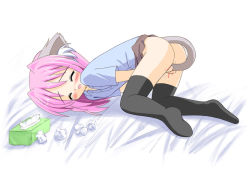  1girl animal_ears artist_request bed_sheet bedwetting black_thighhighs blood blue_eyes blue_shirt blush bottomless brown_skirt buttons cat_ears cat_tail crying defloration closed_eyes female_masturbation masturbation medium_hair no_panties open_mouth original peeing pink_hair pussy_juice shirt skirt solo tail tears thighhighs tissue uncensored vaginal  rating:Explicit score:9 user:atrack