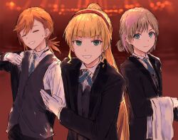  3girls :d =_= alternate_costume bad_id bad_twitter_id black_jacket black_pants black_vest blazer blonde_hair blue_eyes blue_necktie blunt_bangs bowing brown_background bullfalk butler closed_eyes collared_shirt commentary_request dress_shirt female_butler green_eyes grin hairband heanna_sumire high_ponytail jacket light_brown_hair looking_at_viewer love_live! love_live!_superstar!! low_ponytail medium_hair multiple_girls necktie open_clothes open_jacket open_mouth orange_hair pants parted_bangs red_hairband shibuya_kanon shirt short_hair smile tang_keke v-shaped_eyebrows vest white_shirt 