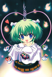  1girl blue_eyes bucket female_focus gradient_background green_hair in_bucket in_container kisume rcoco01 short_hair solo touhou twintails 