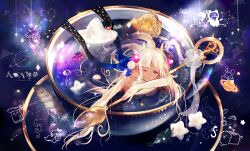 1girl blonde_hair breasts commentary constellation crown_(artist) cup dark-skinned_female dark_skin elbow_gloves feathers gloves hair_ornament highres hololive hololive_english in_container in_cup limiter_(tsukumo_sana) long_hair looking_at_viewer low_twintails one_eye_closed partially_submerged planet_hair_ornament sanallite_(tsukumo_sana) smile solo spoon star_(symbol) symbol-only_commentary teacup tsukumo_sana tsukumo_sana_(1st_costume) twintails very_long_hair virtual_youtuber white_gloves yatagarasu_(tsukumo_sana) yellow_eyes 