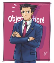  1boy ace_attorney artist_name badge black_eyes black_hair blue_coat blue_pants blue_suit button_badge buttons capcom coat crossed_arms dress_shirt english_text formal highres necktie ohyotomato pants phoenix_wright pink_background pink_necktie shirt signature simple_background solo sparkle spiked_hair suit white_shirt writing  rating:General score:0 user:CodeNemesis