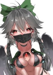 1girl absurdres antenna_hair bikini bird_wings black_bikini black_hair black_wings blush bow breasts breasts_squeezed_together cleavage collared_shirt commentary_request covered_mouth frilled_shirt_collar frills green_bow hair_between_eyes hair_bow highres large_breasts long_hair looking_at_viewer mask mouth_mask navel ninniku_(mfu7324) open_clothes open_shirt red_eyes reiuji_utsuho shirt simple_background solo swimsuit third_eye touhou upper_body white_background white_shirt wings rating:Sensitive score:4 user:danbooru