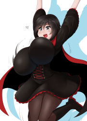  1girl alternate_breast_size black_hair boots bouncing_breasts breasts cape corset gothic_lolita grey_eyes happy highres huge_breasts jumping lolita_fashion pantyhose rooster_teeth ruby_rose rwby simple_background sinensian skirt smile  rating:Sensitive score:129 user:XD00155