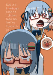  1girl 1other absurdres ambiguous_gender anpanman anpanman_(character) blue_bow blue_bowtie blue_hair blue_ribbon blush borrowed_character bow bowtie brown_sweater_vest censored collared_shirt commentary_request cropped_torso crying crying_with_eyes_open drooling explosion_psycho food-themed_hair_ornament furrowed_brow glasses hair_ornament hair_ribbon half-closed_eyes hamburger-chan_(hundredburger) highres medium_hair mosaic_censoring multiple_views object_request orange_background original out_of_frame red_eyes ribbon romaji_text school_uniform shirt simple_background spoken_character sweater_vest tears thought_bubble translation_request wavy_eyes wavy_mouth white_shirt 