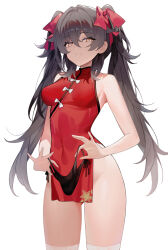  1girl :c black_hair breasts china_dress chinese_clothes chinese_commentary closed_mouth commentary dress girls&#039;_frontline hair_between_eyes hair_ribbon henz highres holding holding_clothes holding_panties holding_underwear long_hair looking_at_viewer official_alternate_costume panties red_dress red_ribbon ribbon simple_background solo thighhighs twintails type_97_(girls&#039;_frontline) type_97_(peony)_(girls&#039;_frontline) underwear white_background white_thighhighs yellow_eyes 