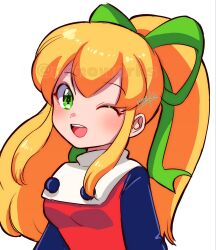  1girl ;d black_sleeves blonde_hair commentary dress green_eyes green_ribbon hair_ribbon highres long_hair looking_at_viewer mega_man_(classic) mega_man_(series) nonoworks one_eye_closed open_mouth ponytail red_dress ribbon roll_(mega_man) sidelocks signature smile solo teeth twitter_username upper_body upper_teeth_only white_background  rating:General score:7 user:danbooru