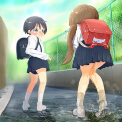  1boy 1girl 22m backpack bag black_hair blue_skirt blue_sky blush brown_hair character_request day fence from_behind full_body grey_eyes have_to_pee knees_together_feet_apart loli looking_back nose_blush open_mouth outdoors peeing peeing_self pleated_skirt puddle randoseru school_uniform shoes short_hair short_shorts shorts skirt sky socks standing steam suspenders trembling twintails uniform wet wet_clothes white_footwear white_legwear  rating:Questionable score:35 user:AngryZapdos