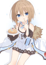  1girl :p absurdres bare_shoulders blanc_(neptunia) blue_eyes brooch buran_buta choujigen_game_neptune cream cream_on_face cross-laced_clothes cross-laced_dress cross_print dress food food_on_face fur-trimmed_jacket fur_trim highres holding holding_plate icing jacket jewelry knee_blush licking_own_face light_blush light_brown_hair looking_at_viewer neptune_(series) off_shoulder open_clothes open_jacket pie plate short_hair shoulder_blush sitting solo striped_choker tongue tongue_out white_background white_dress white_jacket 