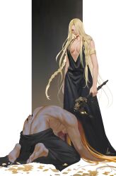  1boy 1girl absurdres armlet bare_back barefoot black_dress blonde_hair bowing braid breasts breasts_apart commentary cracked_skin dress elden_ring english_commentary hammer highres holding holding_hammer kneeling long_hair looking_at_viewer lsr medium_breasts queen_marika_the_eternal radagon_of_the_golden_order red_hair robe signature simple_background sleeveless topless_male very_long_hair weapon  rating:Sensitive score:18 user:danbooru
