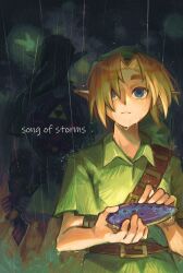  1boy 9twoeight absurdres belt blonde_hair blue_eyes brown_belt closed_mouth collared_shirt english_text facing_away from_behind green_headwear green_shirt highres holding holding_instrument holding_sword holding_weapon hylian_shield instrument link looking_at_viewer male_focus master_sword multiple_views navi night nintendo ocarina outdoors rain shield shirt short_sleeves sword the_legend_of_zelda the_legend_of_zelda:_ocarina_of_time weapon young_link 