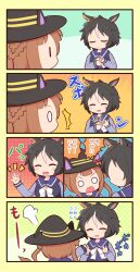  0_0 2girls :d ^^^ ^_^ animal_ears black_hair black_hat black_shirt blush_stickers bow character_request chibi closed_eyes closed_mouth detachable_thumb fake_animal_ears gomashio_(goma_feet) hat highres horse_hat long_sleeves magic_trick multicolored_hair multiple_girls notice_lines o_o open_mouth puffy_long_sleeves puffy_sleeves school_uniform shirt sleeves_past_wrists smile streaked_hair sweat sweep_tosho_(umamusume) tracen_school_uniform translation_request umamusume v-shaped_eyebrows white_bow white_hair witch_hat |_| 