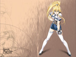  1990s_(style) 1girl blonde_hair bow breasts burn-up burn-up_w fingerless_gloves gloves green_eyes hair_bow highres kinezono_rio large_breasts lips long_hair looking_at_viewer miniskirt police police_uniform policewoman ponytail skirt solo spread_legs thighhighs uniform urushihara_satoshi wall wallpaper weapon zettai_ryouiki  rating:Sensitive score:24 user:imperiom