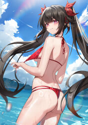  1girl absurdres ass back_tattoo bare_shoulders bikini black_hair blue_sky cloud cowboy_shot day facial_mark highres honkai:_star_rail honkai_(series) last_popsicle long_hair looking_at_viewer ocean parted_lips pink_eyes red_bikini sky smile solo sparkle_(honkai:_star_rail) standing swimsuit tattoo thighs twintails very_long_hair water 
