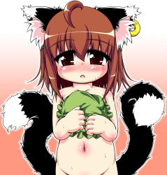 1girl animal_ears blush brown_eyes brown_hair cat_ears cat_tail chen earrings gradient_background hat unworn_hat unworn_headwear holding holding_clothes holding_hat jewelry loli looking_at_viewer multiple_tails navel neko_usagi nude open_mouth out-of-frame_censoring single_earring solo sweat tail touhou rating:Questionable score:9 user:danbooru