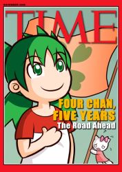  2008 2girls 4chan artist_request border bow cat chibi clover commentary cover d: dated english_commentary english_text fake_magazine_cover flag flying_sweatdrops four-leaf_clover frown green_eyes green_hair hair_bow hand_on_own_chest holding holding_flag koiwai_yotsuba magazine_cover matching_hair/eyes moot multicolored_clothes multicolored_skirt multiple_girls november open_mouth pink_bow pink_shirt quad_tails red_border red_shirt shirt short_sleeves skirt smile t-shirt tareme time_(magazine) white_shirt yotsubato! 