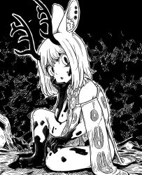  1girl animal_ear_fluff animal_ear_piercing animal_ears antlers bare_shoulders barefoot ear_piercing greyscale hand_on_own_cheek hand_on_own_face highres horns jewelry liquid looking_at_viewer medium_hair monochrome necklace on_ground open_mouth original piercing revealing_clothes riyo_(lyomsnpmp) sitting tooth_necklace 