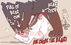 artist_name bear bestiality blush claws collar cucked cum dominant_feral english_text heart impregnation interspecies large_penis meme nipples ovum patreon paw_tattoo penis size_difference submissive_human sugarlesspaints testicles veins veiny_penis