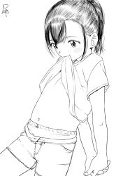  1girl blush child clothes_lift female_focus flat_chest monochrome mouth_hold original own_hands_clasped own_hands_together panties ponytail satsuyo shirt shirt_lift short_shorts shorts solo t-shirt underwear  rating:Sensitive score:34 user:Dweenie