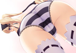 1girl ass bent_over black_headwear blonde_hair blue_eyes cameltoe ekaterina_kurae female_focus from_behind fujirin hair_ornament headband highres long_hair looking_at_viewer looking_back open_mouth panties seikon_no_qwaser simple_background solo striped_clothes striped_panties thick_thighs thighhighs thighs twintails underwear white_background white_thighhighs 