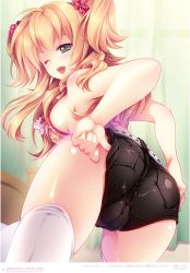  1girl ;d absurdres adjusting_clothes ahoge armpits artist_name asai_miyu ass bed belt blonde_hair blush bow bra breasts cameltoe copyright_name cowboy_shot curtains dated denim denim_shorts fang frilled_bra frills gradient_background green_eyes highres imouto_baito!_ecchi_na_onii-chan_o_yuuwaku_suru_dake_no_kantan_na_oshigoto_desu indoors long_hair looking_back official_art one_eye_closed open_mouth page_number scan scrunchie shima_chiyo shimachiyo short_shorts shorts sideboob smile solo studded_belt thighhighs two_side_up underwear white_thighhighs yellow_bra 