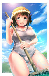 10s 1girl blue_sky blush breasts broom brown_eyes brown_hair chain-link_fence cleaning cloud day fence highres idolmaster idolmaster_cinderella_girls kokutou large_breasts lens_flare looking_at_viewer mimura_kanako one-piece_swimsuit open_mouth plump pool school_swimsuit short_hair sky smile solo standing sunlight sweat swimsuit thighs water_drop white_school_swimsuit white_one-piece_swimsuit rating:Sensitive score:11 user:danbooru