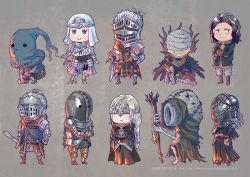  1other 3girls 6+boys anri_of_astora armor ashen_one_(dark_souls_3) chibi cocoon_(yuming4976) cornyx_of_the_great_swamp covered_eyes covered_face dark_souls_(series) dark_souls_iii fire_keeper greirat_of_the_undead_settlement helmet horace_the_hushed long_hair multiple_boys multiple_girls orbeck_of_vinheim sirris_of_the_sunless_realms staff weapon yoel_of_londor yuria_of_londor 