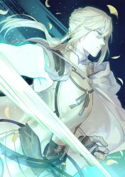 1boy airgetlam_(fate) arm_blade armor bedivere_(fate) blue_background braid cape closed_mouth cowboy_shot cuirass falling_petals fate/grand_order fate_(series) faulds from_side gauntlets glowing_arm green_eyes greyscale hair_between_eyes hair_tubes half_up_braid highres light_particles long_hair looking_ahead low_twintails male_focus monochrome petals profile serious side_cape sidelocks single_gauntlet solo standing twintails weapon white_cape wuren_daoshang_dekezong 