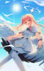  1girl absurdres blue_archive blue_sky capelet cloud cloudy_sky commentary_request crescent crescent_pin day dress falling_feathers feathered_wings feathers hair_bun halo highres long_hair looking_at_viewer low_wings maeng-i_(meng-e) mika_(blue_archive) open_mouth pantyhose pink_hair pink_halo scrunchie single_hair_bun single_side_bun sky smile solo sun white_capelet white_dress white_feathers white_pantyhose white_wings wing_ornament wings wrist_scrunchie yellow_eyes 