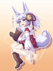  1girl absurdres animal_ears barefoot blue_eyes boots feet fox_ears fox_tail highres japanese_clothes kitsune kyuutou_(kyuutouryuu) light_blush long_hair looking_at_viewer miko open_mouth ponytail shoes soles steam sweat tail toes translated unworn_boots unworn_shoes white_hair 