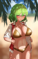  1girl beach bikini blurry blurry_background blush closed_mouth collarbone commentary_request cowboy_shot gold_bikini green_hair highres kazami_yuuka looking_at_viewer navel outdoors palm_tree red_eyes red_vest shirt short_hair short_sleeves solo sweat swimsuit touhou tree vest white_shirt yuzu5p4 