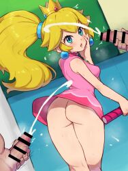  1girl 2boys aqua_eyes ass bar_censor blonde_hair censored chiwino commission crown cum dress earrings ejaculation from_behind highres jewelry male_masturbation mario_(series) mario_tennis masturbation multiple_boys nintendo no_panties parted_lips penis pink_dress pixiv_commission ponytail princess_peach racket short_dress sphere_earrings tennis_racket 