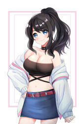  1girl absurdres belt black_hair blue_eyes blush breasts choker cleavage highres large_breasts looking_at_viewer midriff navel original ponytail skirt solo strapless sweater tube_top white_background  rating:Sensitive score:5 user:Kmeyer22