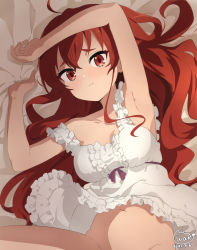  1girl 2021 absurdres ahoge armpits bare_shoulders bed_sheet blush breasts collarbone convenient_censoring dated dress eris_greyrat frilled_dress frills highres long_hair looking_at_viewer lying mushoku_tensei navel neki_(wakiko) no_panties on_back on_bed out_of_frame red_eyes red_hair sheet_grab short_dress sleeveless sleeveless_dress small_breasts solo spread_legs stomach strap_slip white_dress 