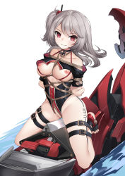  1girl 463_jun absurdres arms_behind_back azur_lane bare_shoulders bdsm black_choker black_one-piece_swimsuit bondage bound breasts character_name choker cleft_of_venus cross grey_hair highres iron_cross leg_tattoo long_hair looking_at_viewer medium_breasts nipples non-humanoid_robot one-piece_swimsuit red_eyes restrained robot robot_animal rope second-party_source shibari shibari_over_clothes simple_background smile solo swimsuit tattoo thigh_strap u-410_(azur_lane) water white_background wooden_horse  rating:Explicit score:67 user:danbooru